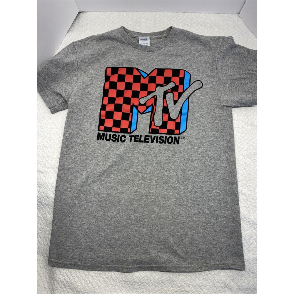 MTV Music Checkered Logo Grey Retro Tee Shirt Size Medium Delta Pro